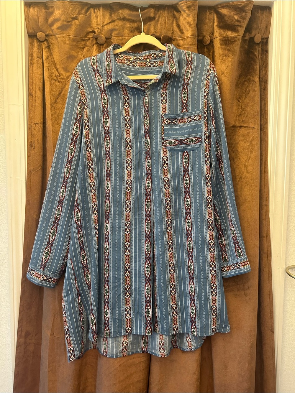 Striped Aztec Half Button-Up Shirt